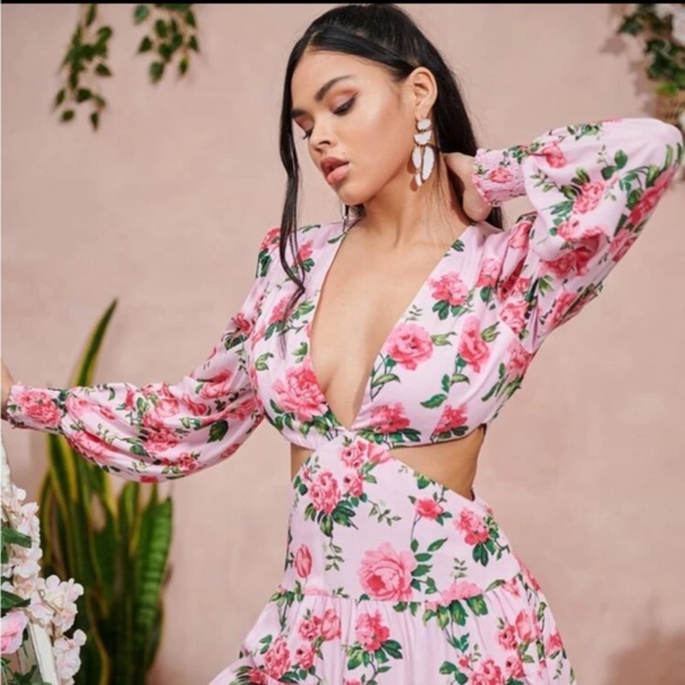 Barbie Pink Rose Floral LoveShackFancy style Mini Cut Out Flowy Summer Dress XS - Picture 9 of 13